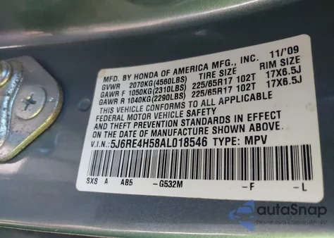 2010 Honda Cr-V Ex из США, поврежденный, VIN 5J6RE4H58AL018546